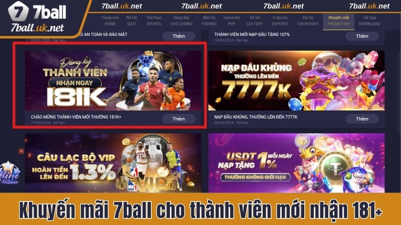Khuyến mãi 7ball cho thành viên mới nhận 181+