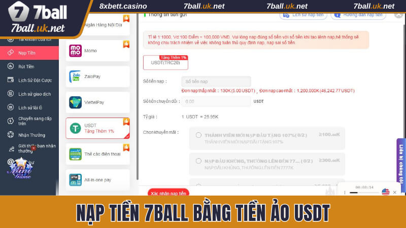 Thao tác nạp bằng tiền ảo USDT