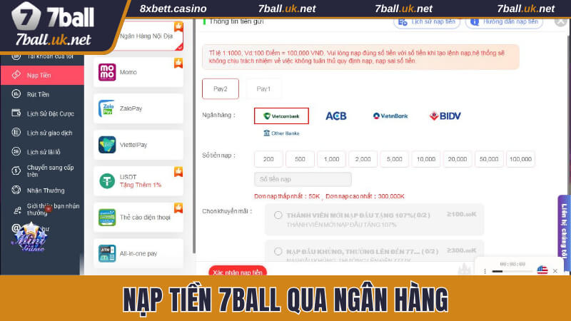 Thao tác nạp qua ngân hàng nhanh chóng